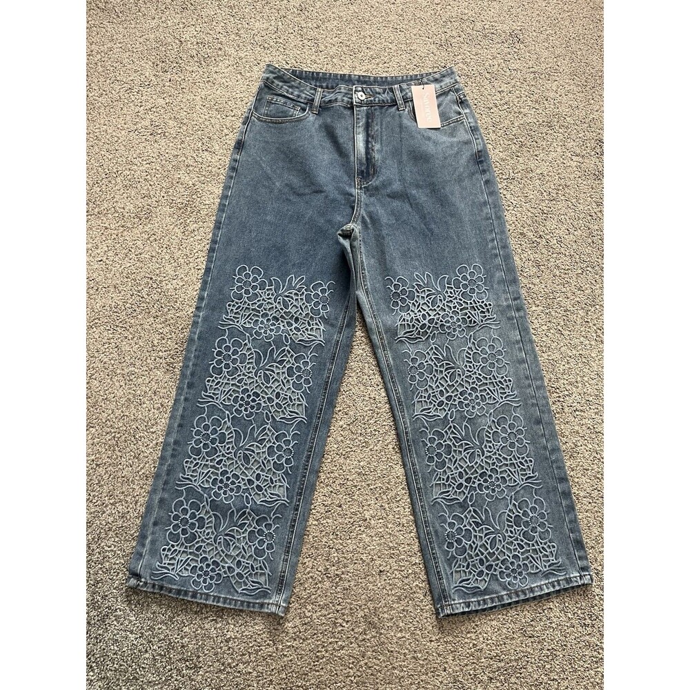 Anewsta Savoree Women's Elegant High Waist Embroidered Hollow Out jeans Size XL